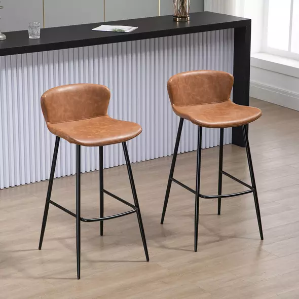HOMCOM Bar Stools Set of 2, PU Leather Upholstered Bar Chairs, Breakfast Kitchen Counter Chairs with Backs, Steel Legs and Footrests for Dining Room, Brown - 2