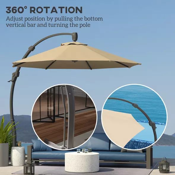 Outsunny 3(m) Garden Cantilever Parasol, Round Overhanging Umbrella with Crank Handle, Cross Base, Aluminium Frame and 360° Rotation, Banana Patio Umbrella for Outdoor Sun Shade, Khaki - 5