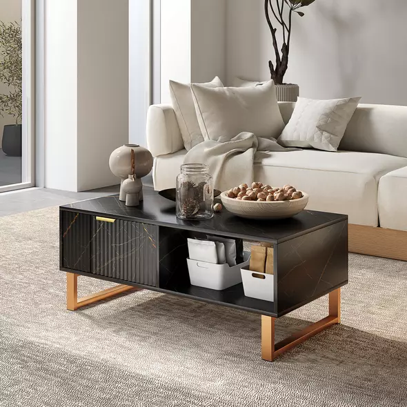 HOMCOM Elegant Marble Effect Storage Coffee Table - Black - 2