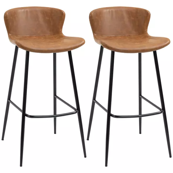 HOMCOM Bar Stools Set of 2, PU Leather Upholstered Bar Chairs, Breakfast Kitchen Counter Chairs with Backs, Steel Legs and Footrests for Dining Room, Brown - 1