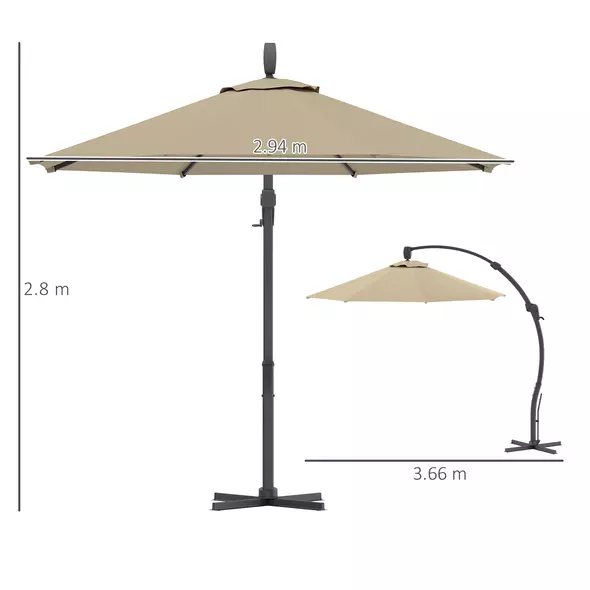 Outsunny 3(m) Garden Cantilever Parasol, Round Overhanging Umbrella with Crank Handle, Cross Base, Aluminium Frame and 360° Rotation, Banana Patio Umbrella for Outdoor Sun Shade, Khaki - 3