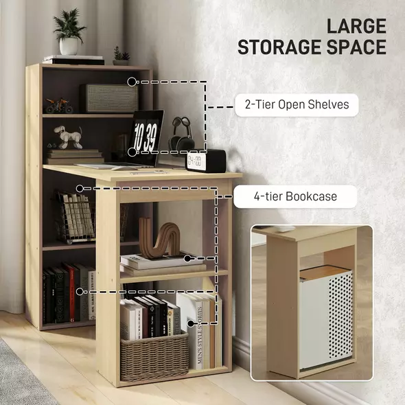 HOMCOM 120cm Computer Desk, Wooden PC Laptop Table with 6-Tier Storage Bookshelves, Home Office Working Study Desk, Writing Workstation, Natural Wood - 5