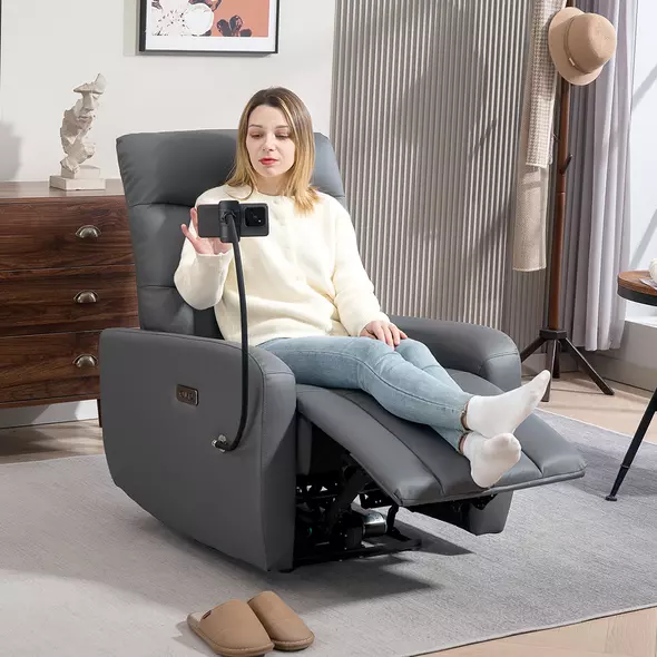 HOMCOM Electric Recliner Armchair with USB + Type C Charge Port, Phone Holder, PU Leather Reclining Chair with Adjustable Leg Rest, Recliner Chair for Home Living Room Theater, Grey - 2