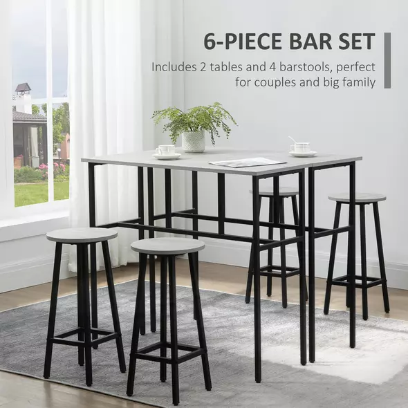 HOMCOM 6-Piece Bar Table Set, 2 Breakfast Tables with 4 Stools, Counter Height Dining Tables & Chairs for Kitchen, Living Room, Grey - 5