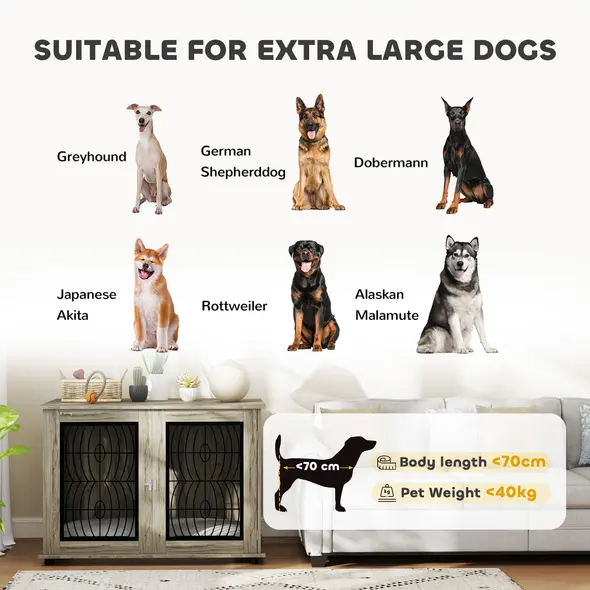 PawHut 46.46'' Dog Crate Furniture Table with Soft Washable Cushion and Lockable Door, for Large Indoor Dogs, Grey - 4