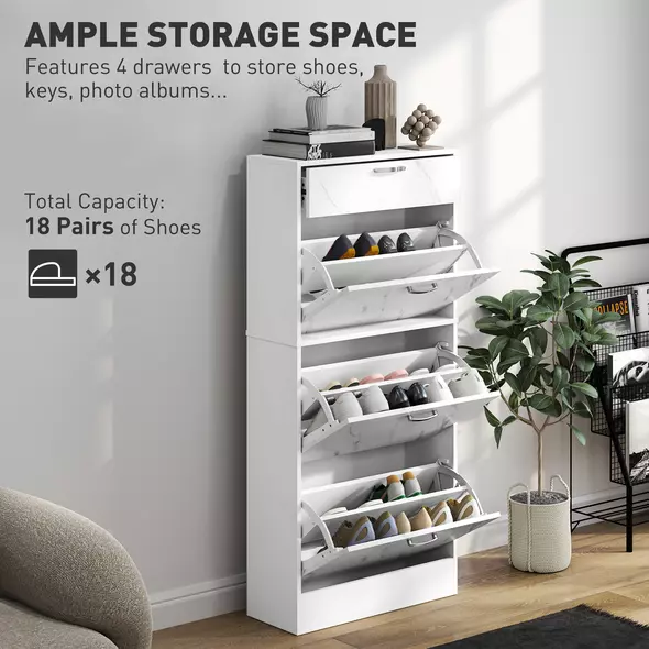 HOMCOM Marble Shoe Storage Cabinet with 3 Flip Drawers, Hallway Cabinet with Top Drawer and Adjustable Shelves, Shoe Cupboard for 18 Pairs, White - 4