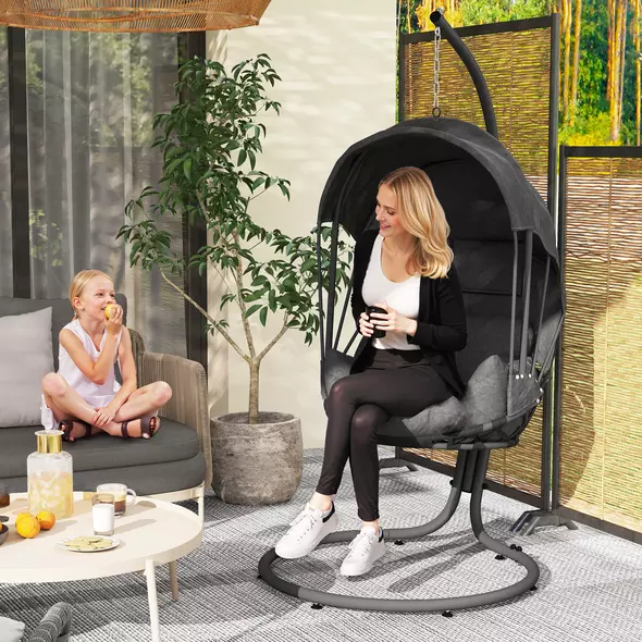 Outsunny Hanging Egg Chair Swing Hammock Chair with Stand, Cushion and Retractable Canopy, for Indoor and Outdoor, Grey - 2