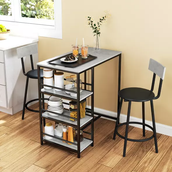 HOMCOM Three-Piece Kitchen Dining Set, with Shelves - Grey/Black - 2