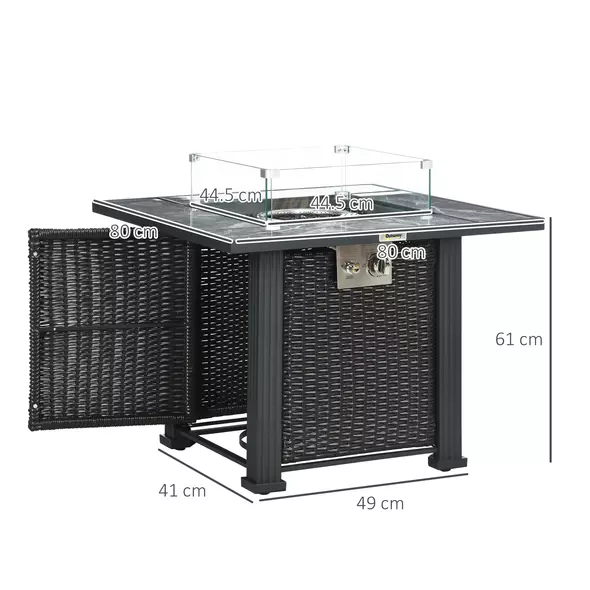 Outsunny Outdoor PE Rattan Gas Fire Pit Table, Patio Square Propane Heater with Marble Desktop, Rain Cover, Glass Windscreen, and Glass Stones, 50,000 BTU, Black - 3