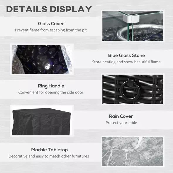 Outsunny Outdoor PE Rattan Gas Fire Pit Table, Patio Square Propane Heater with Marble Desktop, Rain Cover, Glass Windscreen, and Glass Stones, 50,000 BTU, Black - 6