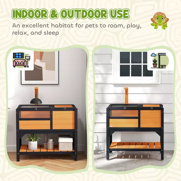 PawHut Wooden Tortoise House, with Shelter, Run, Shelf, Lamp Holder, Tray, Yellow - 8