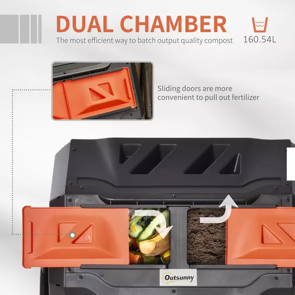 Outsunny 160L 360° Rotating Dual Chamber Composter - Orange - 4