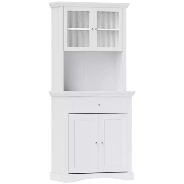 HOMCOM 4-Door Kitchen Cupboard with Drawer, Freestanding Kitchen Cabinet with Glass Doors, Adjustable Shelves and Open Counter, White - 1