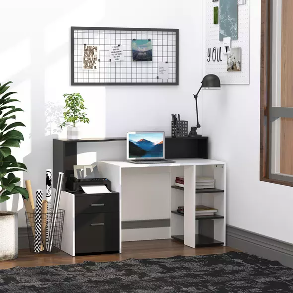HOMCOM Computer Desk with Drawers and Storage Shelves, Office Desk Writing Table with Printer Stand, Large Workstation for Study Play Work Home Office, 137 x 55 x 92cm, Black and White - 2