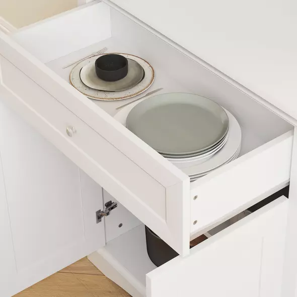 HOMCOM 4-Door Kitchen Cupboard with Drawer, Freestanding Kitchen Cabinet with Glass Doors, Adjustable Shelves and Open Counter, White - 9