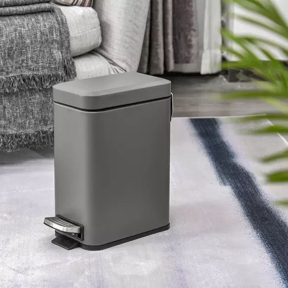 HOMCOM 5L Rectangular Compact Bin Steel Body Removable Bucket Quiet-Close Lid w/ Pedal Lid Rubbish Trash Can Home Office Bedroom Bathroom Living Room Garbage Tidy Clean Grey - 2