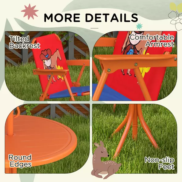 Outsunny Kids Picnic Table and Chair Set, Cowboy Themed Outdoor Garden Furniture w/ Foldable Chairs, Adjustable Parasol - 8