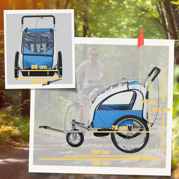 HOMCOM 2 Seat Bike Trailer with 5 Point Harness, Baby Bike Stroller with Safety Flag, Reflectors, for 18+ Months, Blue - 3