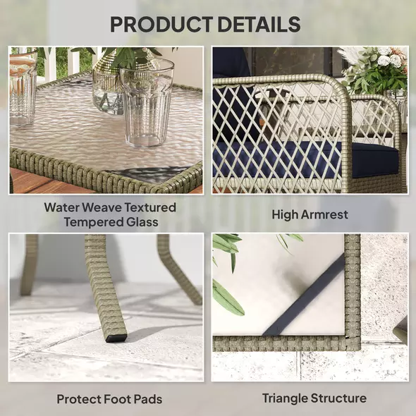 Outsunny 3 Pieces Rattan Bistro Set with Glass Top Coffee Table, Chairs and Cushions for Outdoor, Patio, Balcony, Charcoal Grey - 7