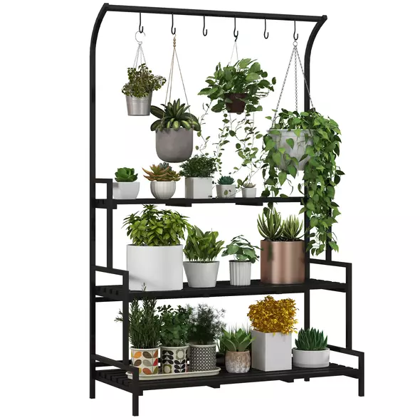 Outsunny 3 Tiered Plant Rack with Hanging Hooks, Tall Plant Stand for Indoor Outdoor Porch Balcony Use, Black - 1