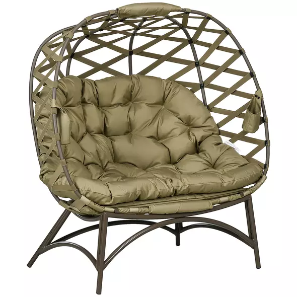 Outsunny 2 Seater Egg Chair Outdoor, Folding Weave Garden Furniture Chair with Cushion, Cup Pockets - Khaki - 1