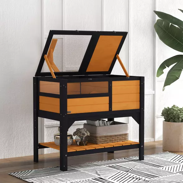 PawHut Wooden Tortoise House, with Shelter, Run, Shelf, Lamp Holder, Tray, Yellow - 9