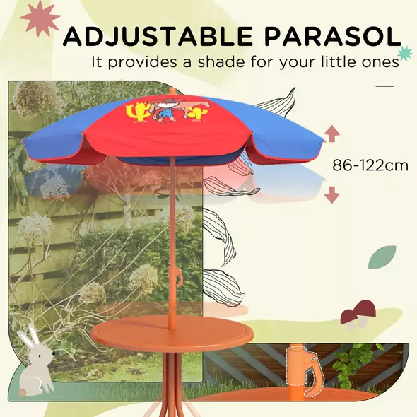 Outsunny Kids Picnic Table and Chair Set, Cowboy Themed Outdoor Garden Furniture w/ Foldable Chairs, Adjustable Parasol - 5