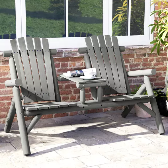 Outsunny Wood Patio Chair Bench 2 Seats w/ Centre Coffee Table, Garden Bench, Grey - 2
