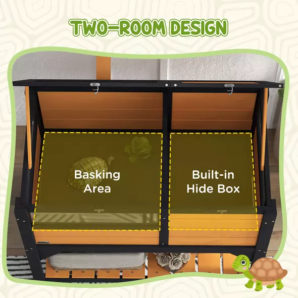 PawHut Wooden Tortoise House, with Shelter, Run, Shelf, Lamp Holder, Tray, Yellow - 4