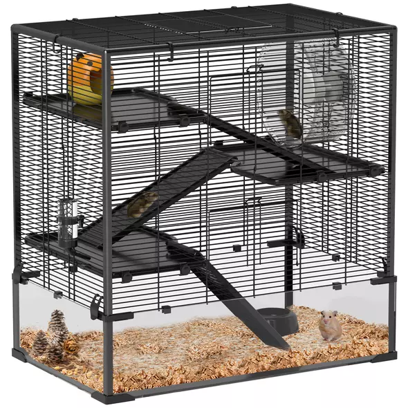 PawHut Four-Tier Hamster Cage with Deep Tempered Glass Bottom, Hut, Running Wheel, Food Dish, Water Bottle, 78.5 x 48.5 x 80cm - 1