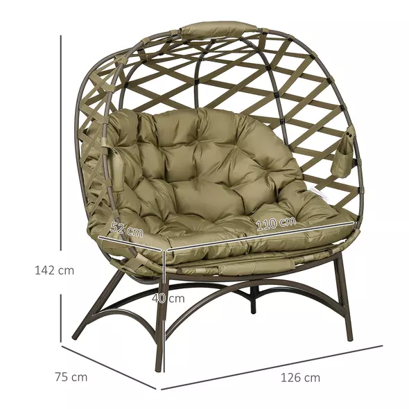 Outsunny 2 Seater Egg Chair Outdoor, Folding Weave Garden Furniture Chair with Cushion, Cup Pockets - Khaki - 3