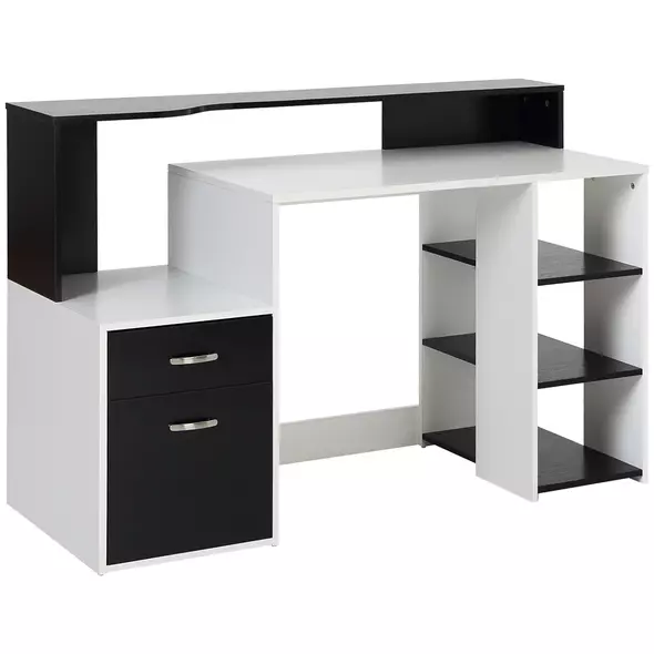 HOMCOM Computer Desk with Drawers and Storage Shelves, Office Desk Writing Table with Printer Stand, Large Workstation for Study Play Work Home Office, 137 x 55 x 92cm, Black and White - 1