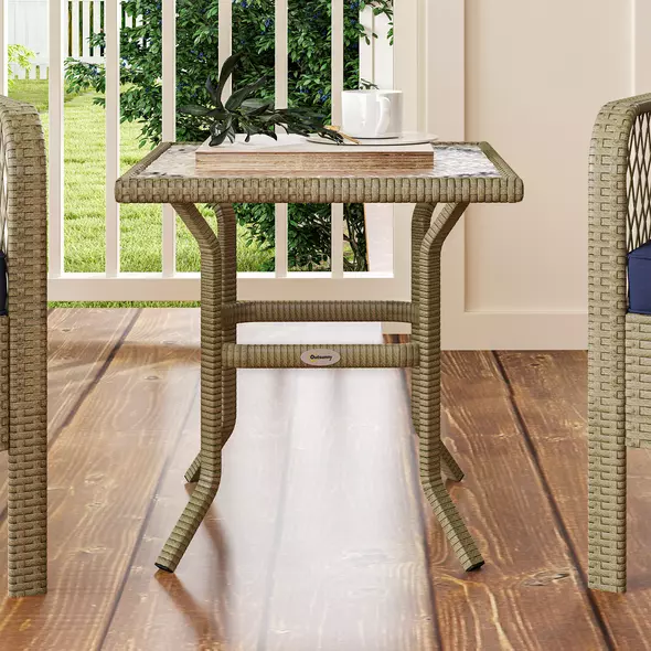 Outsunny 3 Pieces Rattan Bistro Set with Glass Top Coffee Table, Chairs and Cushions for Outdoor, Patio, Balcony, Charcoal Grey - 9