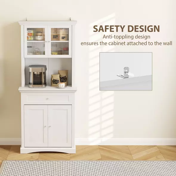 HOMCOM 4-Door Kitchen Cupboard with Drawer, Freestanding Kitchen Cabinet with Glass Doors, Adjustable Shelves and Open Counter, White - 7