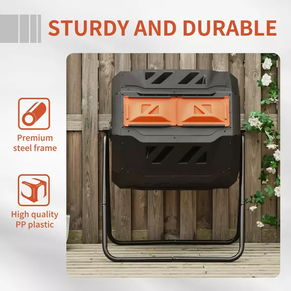 Outsunny 160L 360° Rotating Dual Chamber Composter - Orange - 7