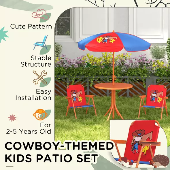 Outsunny Kids Picnic Table and Chair Set, Cowboy Themed Outdoor Garden Furniture w/ Foldable Chairs, Adjustable Parasol - 6