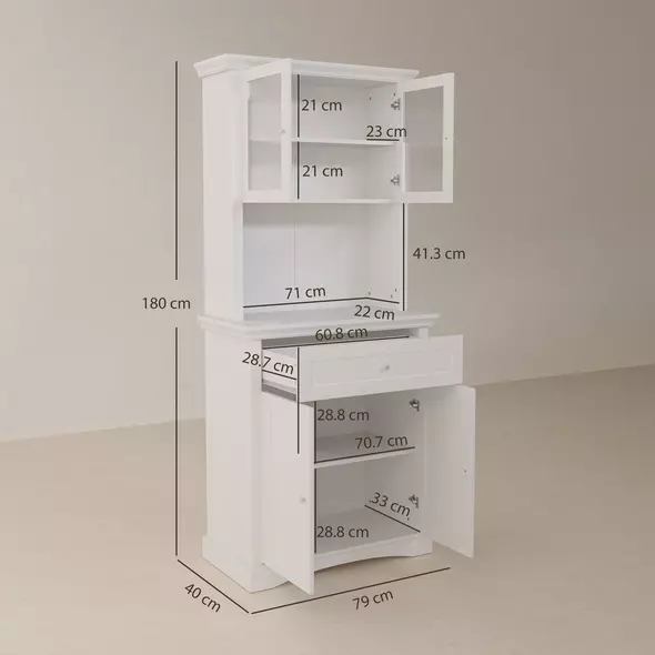 HOMCOM 4-Door Kitchen Cupboard with Drawer, Freestanding Kitchen Cabinet with Glass Doors, Adjustable Shelves and Open Counter, White - 3