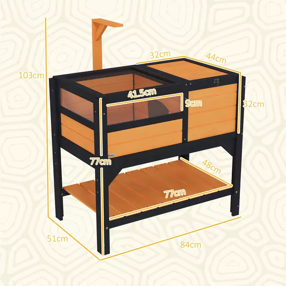 PawHut Wooden Tortoise House, with Shelter, Run, Shelf, Lamp Holder, Tray, Yellow - 3