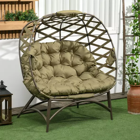Outsunny 2 Seater Egg Chair Outdoor, Folding Weave Garden Furniture Chair with Cushion, Cup Pockets - Khaki - 2