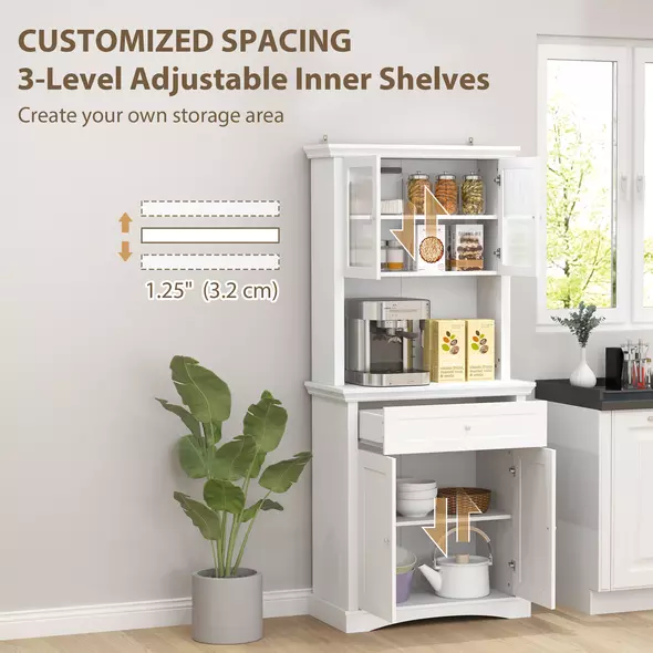 HOMCOM 4-Door Kitchen Cupboard with Drawer, Freestanding Kitchen Cabinet with Glass Doors, Adjustable Shelves and Open Counter, White - 5