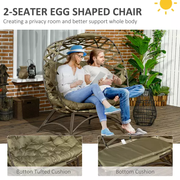 Outsunny 2 Seater Egg Chair Outdoor, Folding Weave Garden Furniture Chair with Cushion, Cup Pockets - Khaki - 5