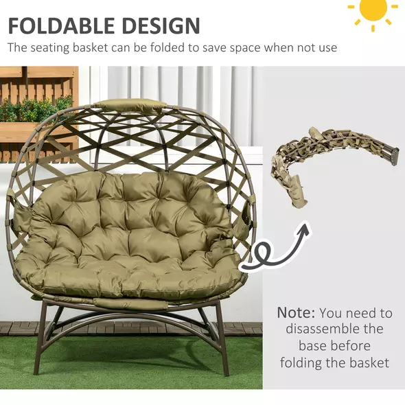 Outsunny 2 Seater Egg Chair Outdoor, Folding Weave Garden Furniture Chair with Cushion, Cup Pockets - Khaki - 6