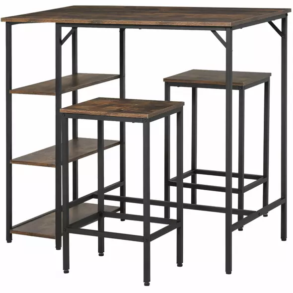 HOMCOM Industrial Bar Height Dining Table Set With 2 Stools & Side Shelf, 3 Pieces Coffee Table for Dining Room, Kitchen, Dinette - 1