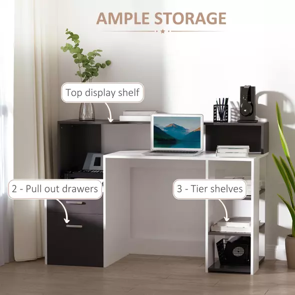 HOMCOM Computer Desk with Drawers and Storage Shelves, Office Desk Writing Table with Printer Stand, Large Workstation for Study Play Work Home Office, 137 x 55 x 92cm, Black and White - 5