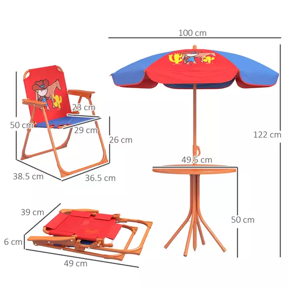 Outsunny Kids Picnic Table and Chair Set, Cowboy Themed Outdoor Garden Furniture w/ Foldable Chairs, Adjustable Parasol - 3