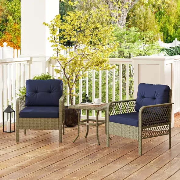 Outsunny 3 Pieces Rattan Bistro Set with Glass Top Coffee Table, Chairs and Cushions for Outdoor, Patio, Balcony, Charcoal Grey - 2