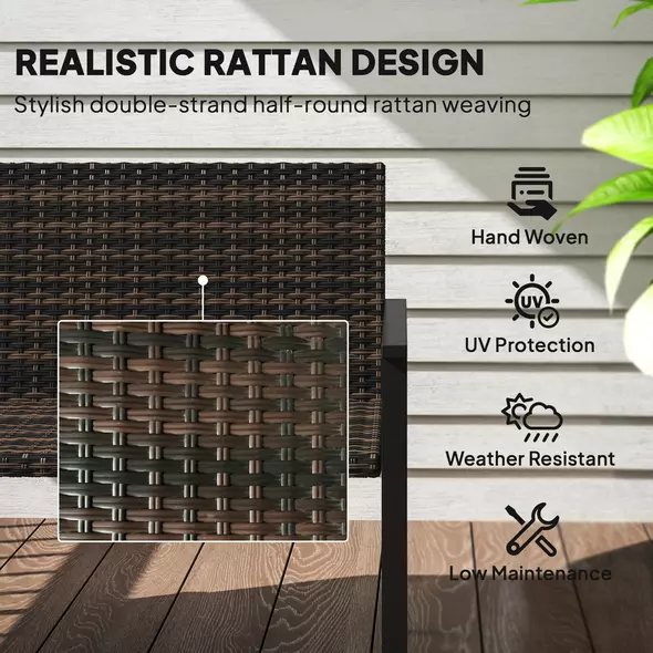 Outsunny 2 Seater Rattan Garden Bench, Outdoor Bench with Quick-Drying Cotton Padding, Wicker Garden Loveseat with Armrests, Steel Frame for Patio, Park, Mixed Brown - 5