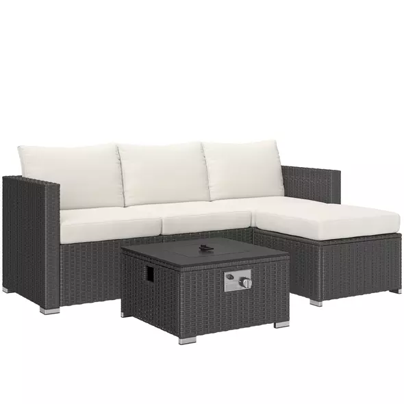 Outsunny Five Piece Rattan Garden Furniture Set with Gas Fire Pit Table and Footstool - Black and Cream White - 1