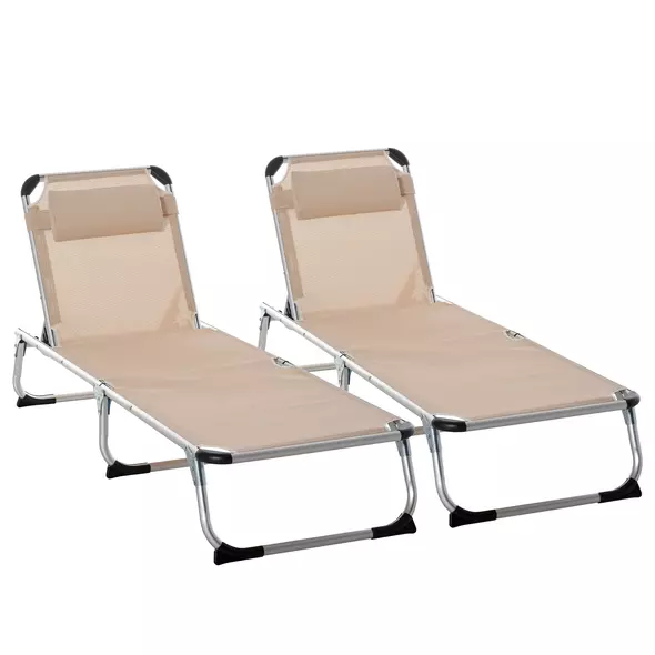 Outsunny Foldable Outdoor Sun Loungers Set of 2, Reclining Lounge Chair Camping Bed Cot with Pillow 4-Level Adjustable Back Aluminium Frame, Khaki - 1