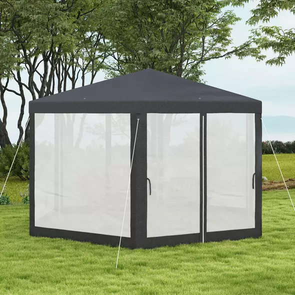 Outsunny 4M Hexagon Gazebo, Netting Party Tent, Patio Canopy Outdoor Event Shelter for Activities, Shade Resistant, Dark Grey - 7